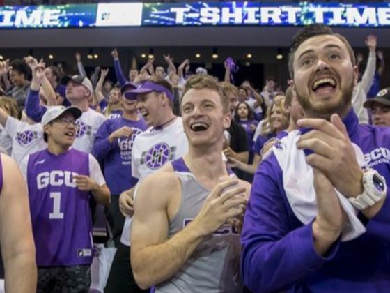 Fans cheer at the Grand Canyon University basketball team at the WAC Conference championship game.