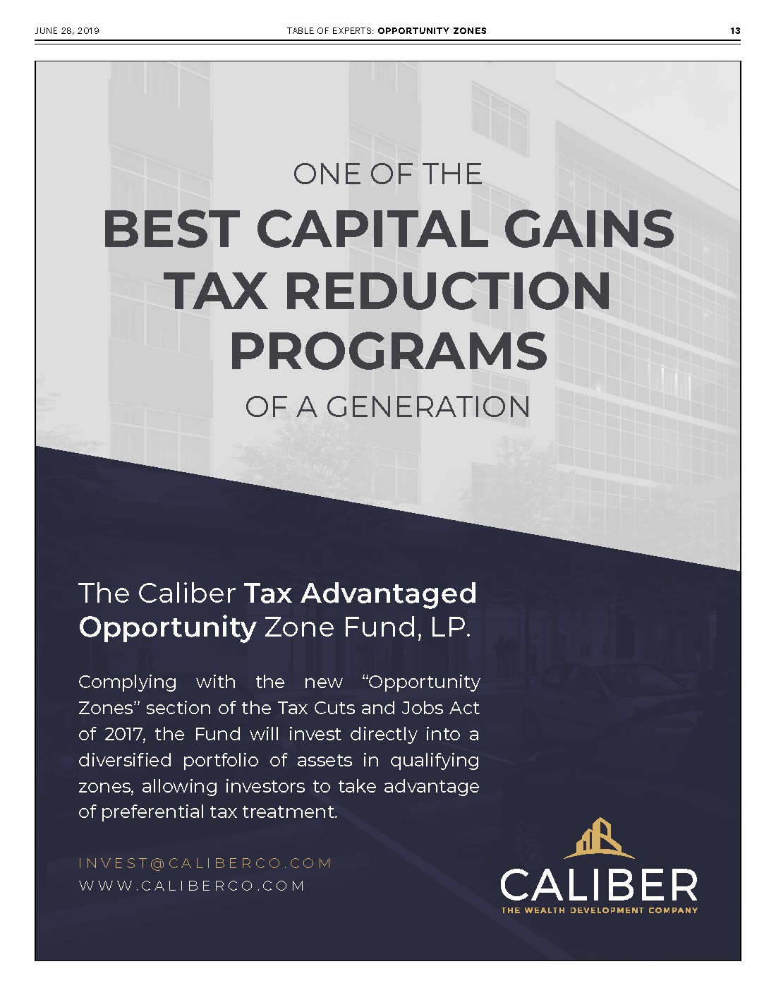 Caliber ad highlighting opportunity zone funds as "one of the best capital gains tax reduction programs of a generation."