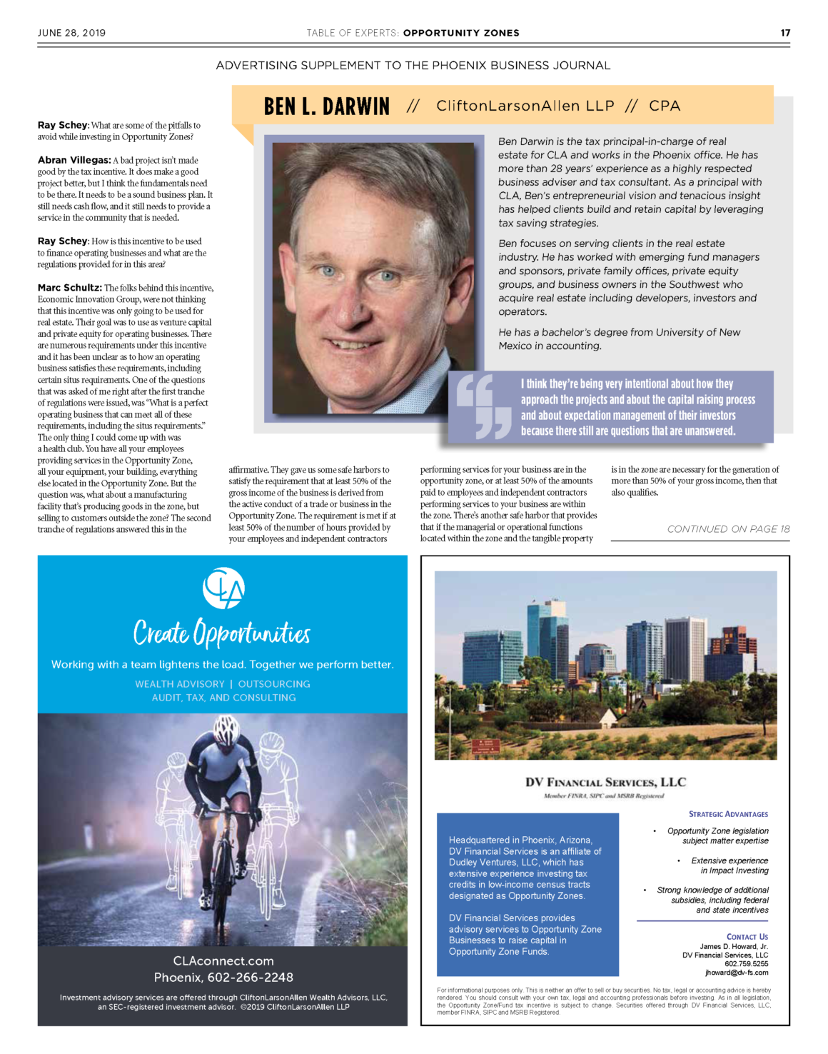 Advertising supplement to the June 2019 edition of Phoenix Business Journal — the 2019 Table of Experts discusses opportunity zone investing and its broader impact on the America's communities.