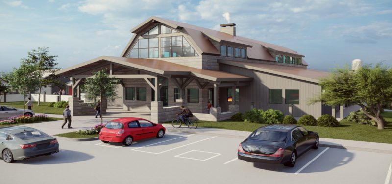 Rendered image of the main office building on the boardwalk campus
