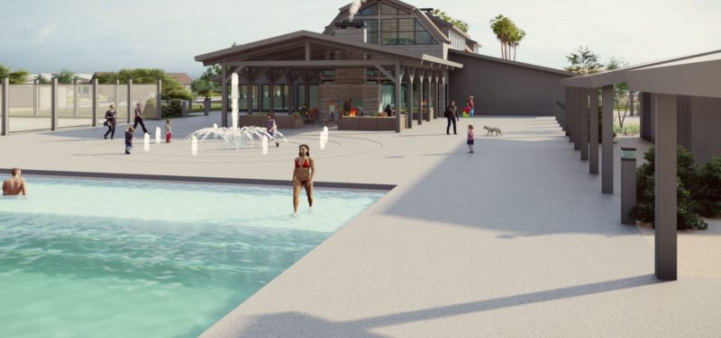 Rendered image of a woman using the community pool in the Boardwalk community
