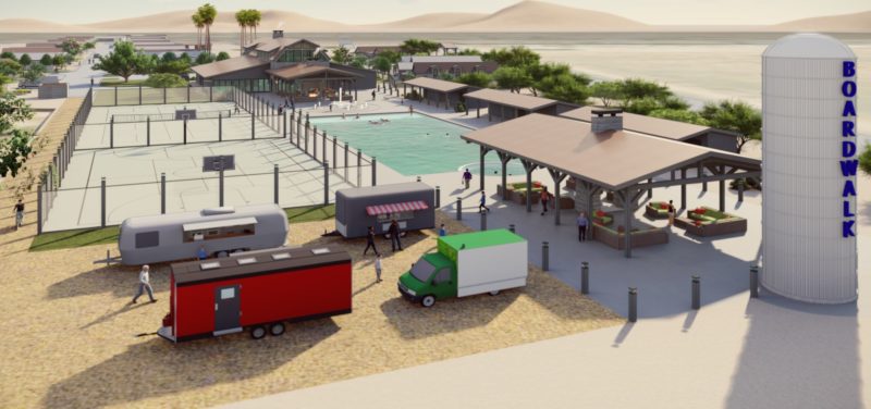 rendered image of Boardwalk pool, pavillion, tennis courts and food vendors