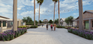 Rendered image of people walking the community streets in the Boardwalk