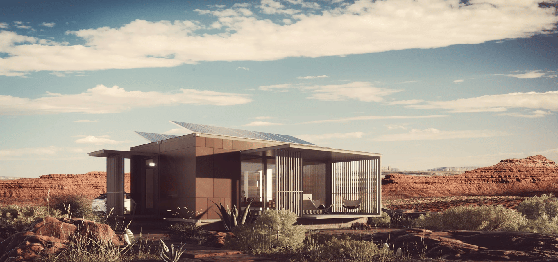 A rendered image of a Zennihome out in the desert