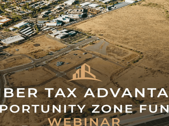 Cover image of a plot of an open plot of land in AZ with the words: Caliber Tax Advantaged Opportunity Zone Fund Webinar