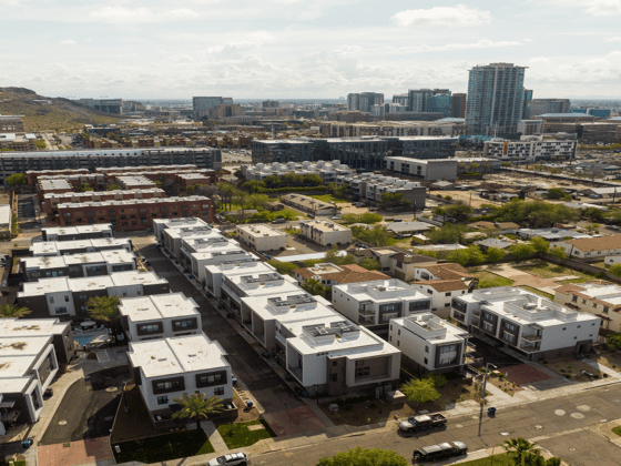 Ariel view of Roosevelt Townhomes in Tempe, Arizona